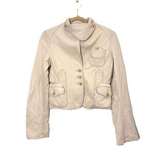 BCBG Leather Jacket Womens XS‎ Y2K Preppy Waist Length Multi Pockets Beige